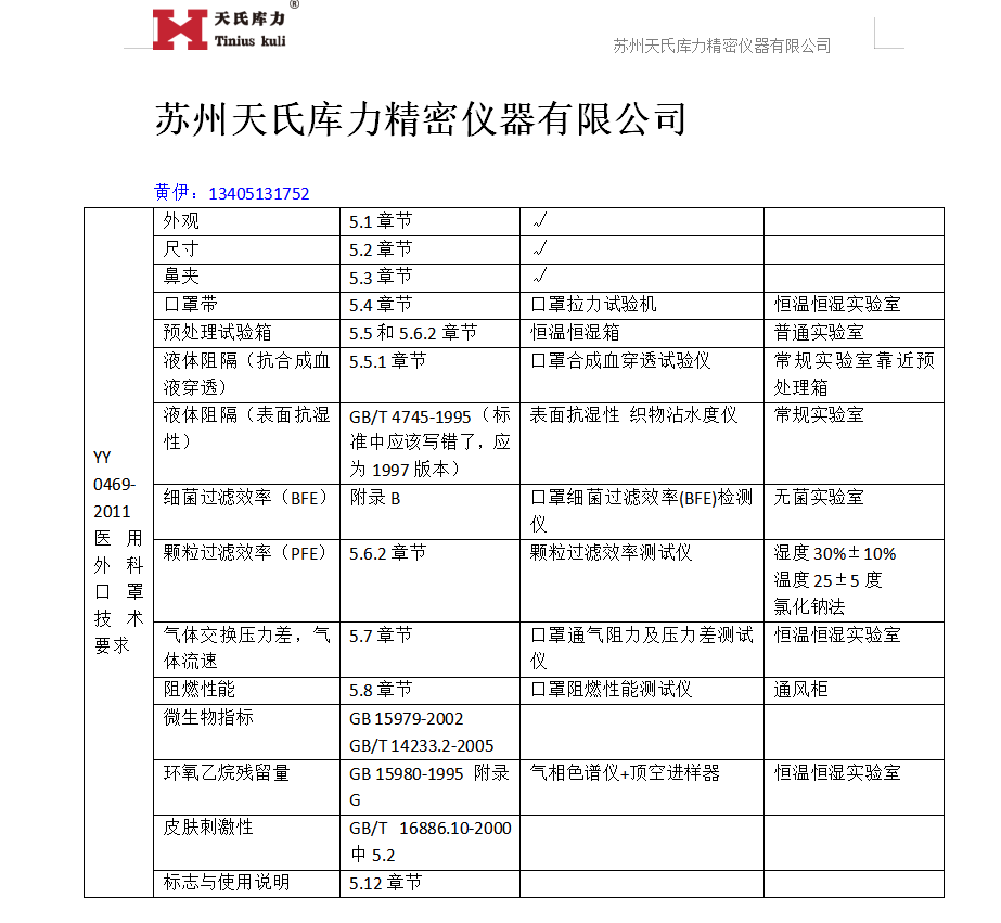 YY0469-2011口罩檢測標準對應(yīng)設(shè)備